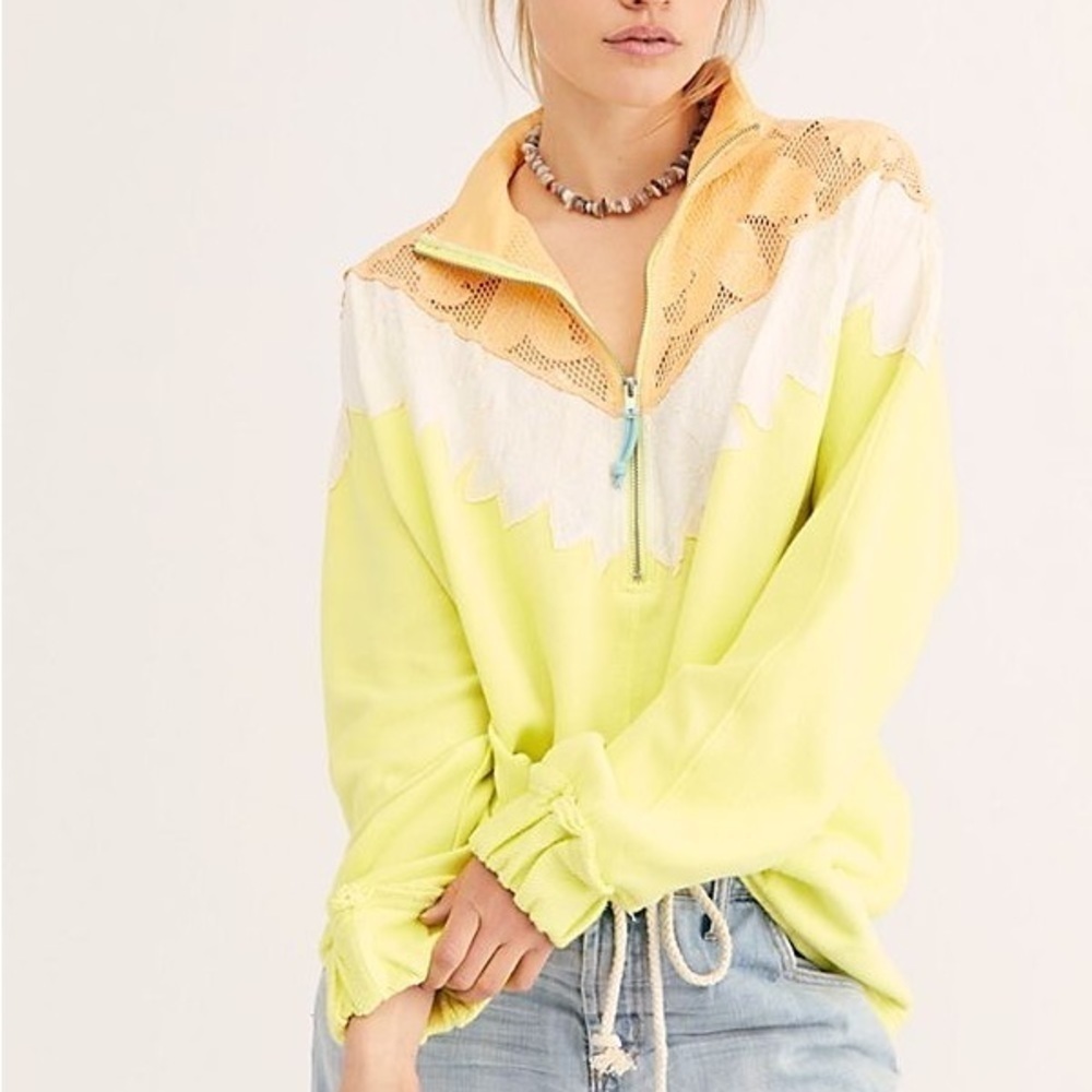 FREE PEOPLE ‘Isla’ Crochet Quarter Zip Pullover Yellow Green Size S - Picture 2 of 14